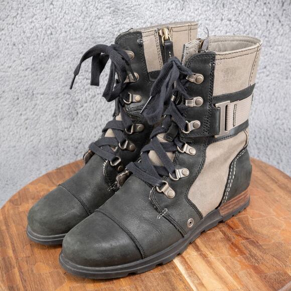 Sorel Carly Lace Up Leather and Canvas Moto Buckle Boots 6.5 - Picture 4 of 10